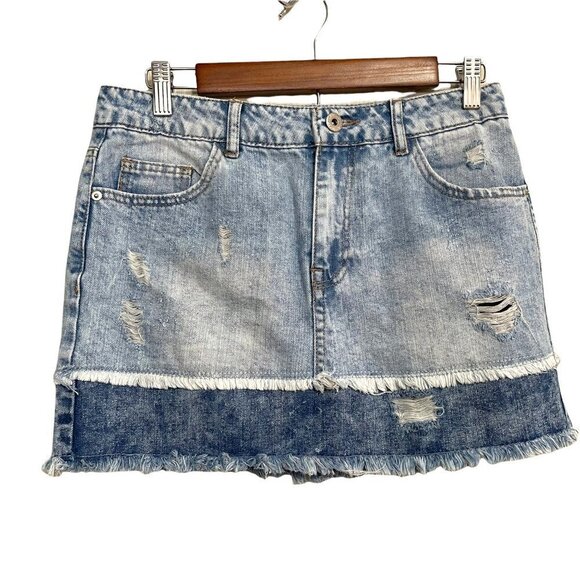 Highway Women's Colorblock Raw Hem Distressed Denim Mini Jean Shirt Size 5/6 - Picture 1 of 8